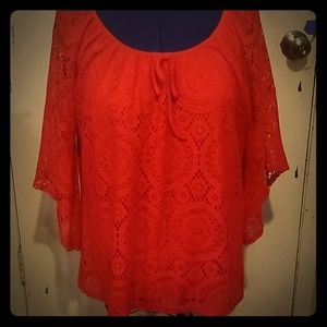 2/$15 Tacera Bell Sleeve Lace/crochet Top Red 2x